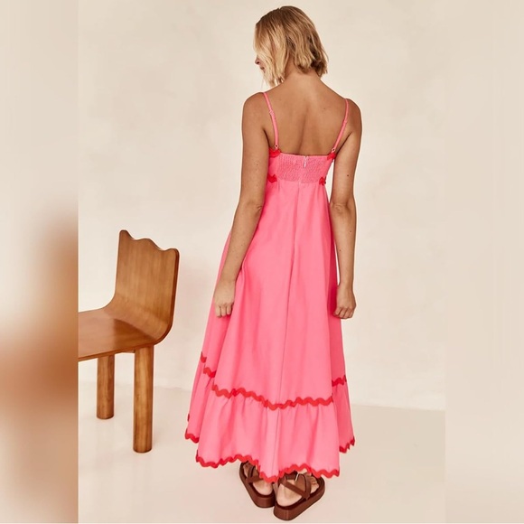 Boho Spaghetti Strap Backless Smocked Rickrack Trim Flowy A-line Maxi Sundress - Picture 3 of 4